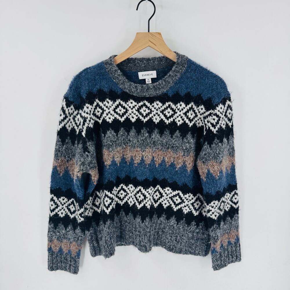 Evereve Fair Isle Fuzzy Knit Sweater Blue‎ Gray Neutral Pattern Pullover XS